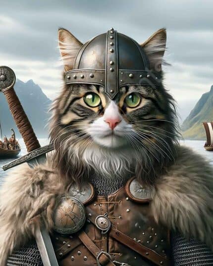 Turn your pet into a Viking icon with The Viking– Custom Design Pet Canvas, featuring your cat in helmet and armor by a fjord with ships and mountains—a unique blend of feline charm and historical Viking style.