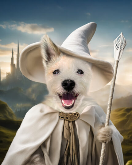 A small white dog dressed as a wizard, with a pointed hat, cloak, and staff, stands before green hills and a castle—the perfect scene for The Batman's Pet – Custom Design Pet Canvas.