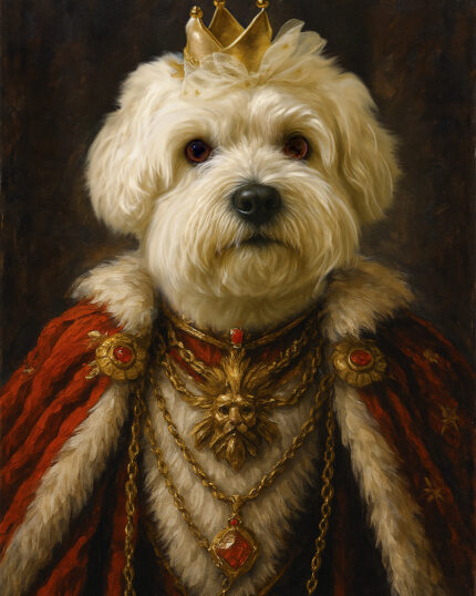 Kraliyet cüppesi, tacı ve mücevherli kolyeleriyle kabarık beyaz bir köpek, koyu renkli bir arka plan önünde asil bir poz veriyor — klasik portre tarzındaki The Royal King – Custom Design Pet Canvas için mükemmel bir konu.