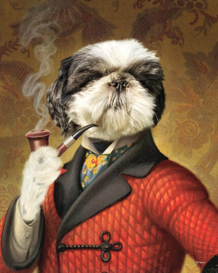 A Shih Tzu in aristocratic attire, wearing a red quilted jacket and blue scarf with a smoking pipe, features on the “Custom Design Canvas Painting – Rich Playboy”—an elegant pet art piece for unique decor lovers.