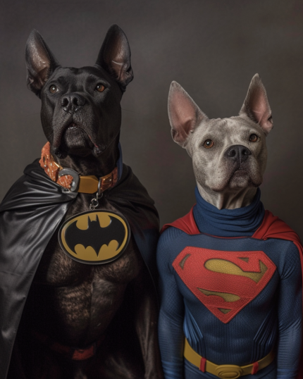 Two dogs, one in a Batman costume and the other in a Superman suit, pose side by side against a neutral background—the perfect scene for "The Supe Buddies - Custom Pet Canvas.
