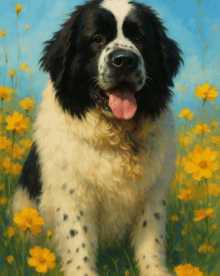 A fluffy black and white dog with a spotted coat sits in yellow flowers, looking happy under a bright blue sky—the ideal scene for the Wildflower Smile – Custom Pet Portrait.