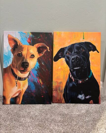 Two colorful Custom Design Abstract Pet Portraits of dogs rest on a carpeted floor by a light gray wall. One features a tan dog on blue and red; the other, a black dog on vibrant yellow—perfect for showcasing personalized pet art.