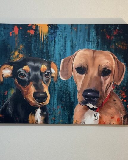 The Custom Design Abstract Pet Portrait features two dogs—one black and tan, one light brown—looking forward on a blue background with bold orange and red splatters.