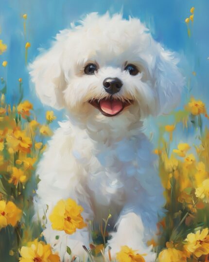 A joyful white dog relaxes among yellow wildflowers beneath a clear sky, bringing cheer to any room—perfect for the "Wildflower Smile – Custom Pet Portrait" to brighten your space.