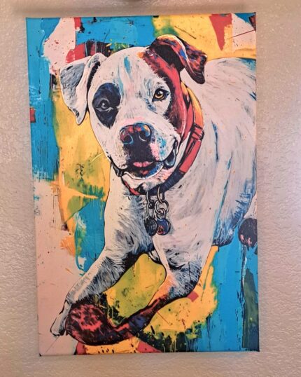 A Custom Design Abstract Pet Portrait featuring a white dog with black and brown patches, red collar with tags, playfully running on a vibrant blue, yellow, and orange background.