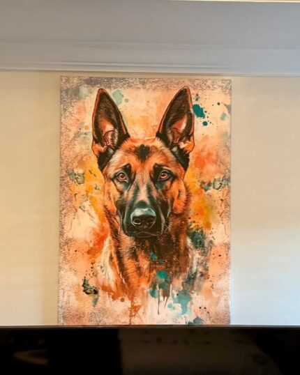 Three Custom Design Abstract Pet Portraits of German Shepherds, each with a unique, expressive face and vibrant abstract backgrounds, hang above a TV on a white wall.