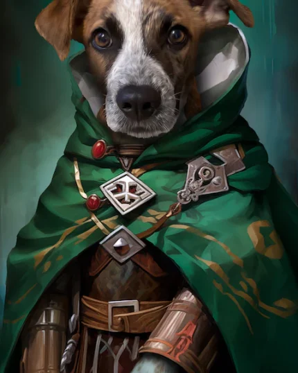A brown and white dog dressed in a detailed green fantasy cloak and armor stands upright like a human in a dramatic illustrated portrait—perfect for The Zelda - Custom Pet Canvas.