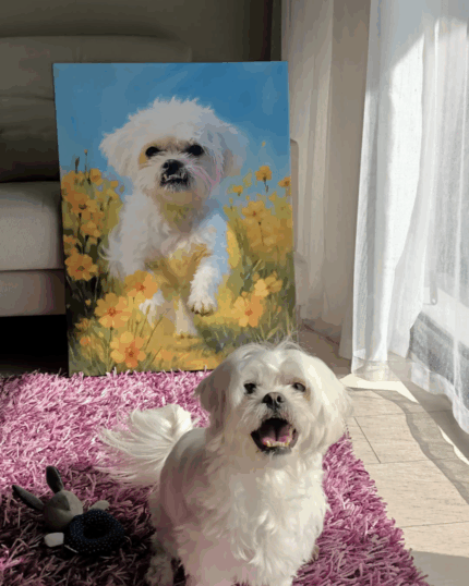 A small, fluffy white dog sits on a purple rug, smiling at the camera. Behind it, a Wildflower Smile – Custom Pet Portrait shows the dog in a field of yellow flowers, leaning against a couch by a sunlit window.