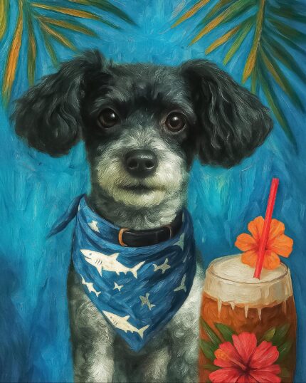 A small black and white dog in a blue shark bandana sits before a tropical blue backdrop with palm leaves and a drink—perfect inspiration for your Summer Dream with My Dog – Custom Artistic Pet Portrait.