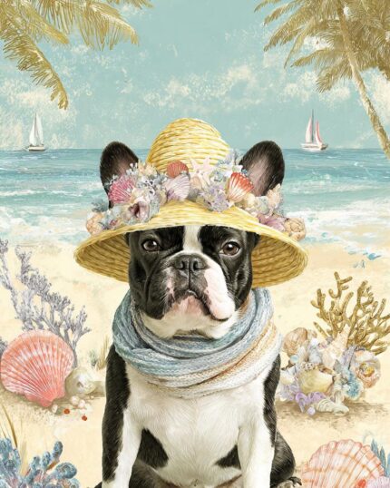 A black and white bulldog in a straw hat and scarf sits on a sandy beach with palm trees, sailboats, and seashells—perfect for your own Wildflower Smile – Custom Pet Portrait canvas.