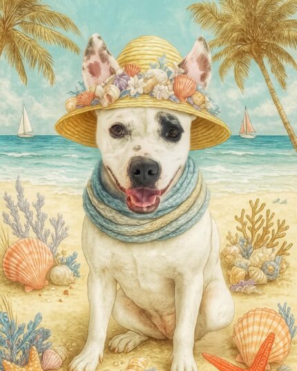 Dog portrait with beach accessories, seashells, starfish, and ocean background.