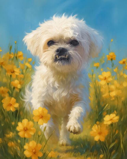 A small, fluffy white dog strolls through yellow wildflowers on a sunny day beneath a blue sky—an ideal scene for Wildflower Smile – Custom Pet Portrait to capture and cherish forever.
