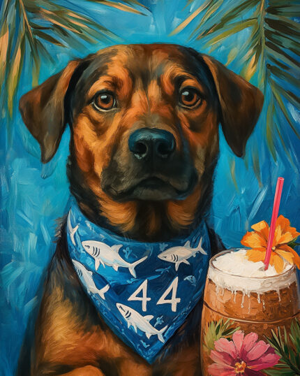 Summer Dream with My Dog – Custom Artistic Pet Portrait: A lifelike canvas of a brown and black dog in a blue shark bandana with “44,” tropical leaves, and coconut drink with flower and straw, set on a blue background—ideal for custom canvas prints.