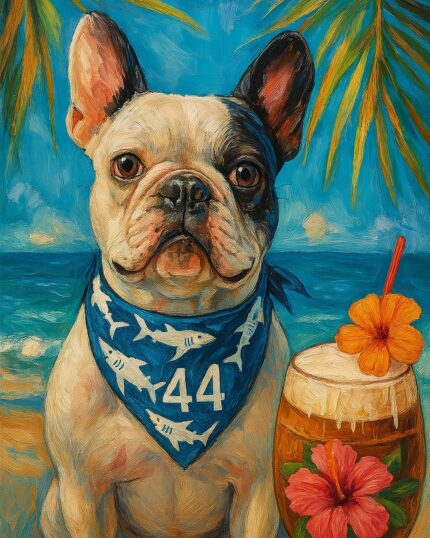 A French Bulldog with a blue shark bandana and number 44 sits by a coconut drink on the beach with palm leaves and ocean, perfect for "Summer Dream with My Dog – Custom Artistic Pet Portrait" canvas decor.