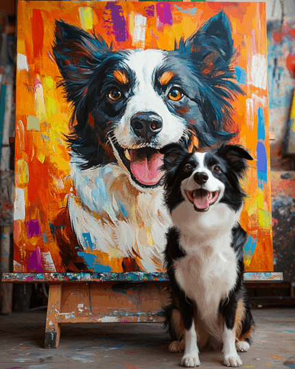 A happy black and white dog sits before a colorful Custom Design Abstract Pet Portrait on an easel, both sharing joyful expressions in an artist’s studio.