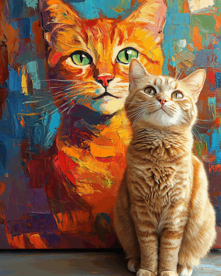 An orange tabby cat sits in front of a Custom Design Abstract Pet Portrait featuring bold blue, orange, red, and yellow brushstrokes that complement its fur in this vibrant and stunning pet canvas.