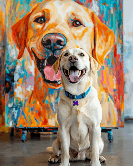 A happy yellow Labrador with a blue collar and purple bone-shaped tag sits before a vibrant Custom Design Abstract Pet Portrait, which perfectly captures its big smile and matching pose in colorful detail.