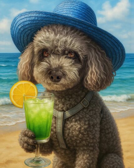 Dog with blue sun hat holding tropical green cocktail on beach.