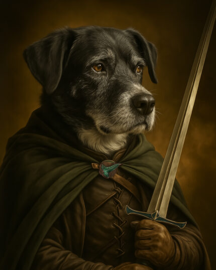 The Aragorn - Custom Pet Canvas features a black and gray dog in medieval attire, including a green cloak, leather tunic, and sword, capturing its serious expression as it gazes off to the side.