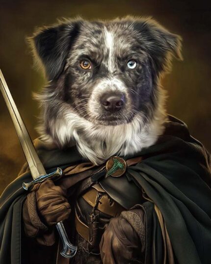 A black, white, and gray dog with heterochromia eyes dressed as a medieval warrior in a green cloak holding a sword stands against a dark background—featured on The Aragorn - Custom Pet Canvas.