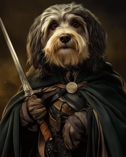 A dog in medieval armor and a green cloak holds a sword upright, standing heroically against a dark background—featured on The Aragorn - Custom Pet Canvas for a bold, personalized pet art piece.