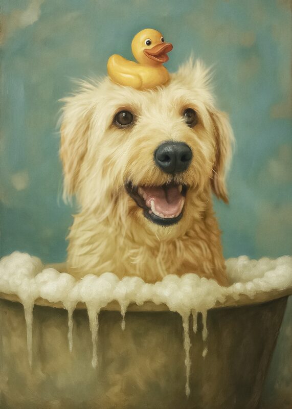 A painting of a dog with a rubber duck on its head