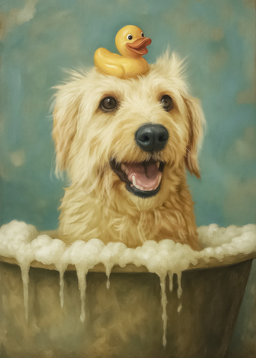 A painting of a dog with a rubber duck on its head