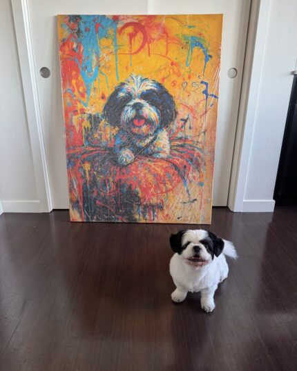 A small black and white dog sits on a dark wooden floor in front of a vibrant Custom Design Abstract Pet Portrait canvas, featuring its likeness, which leans against elegant white double doors.