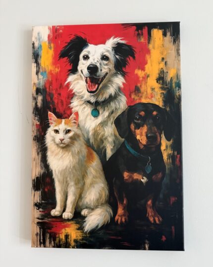 The Custom Design Abstract Pet Portrait features a fluffy white dog with black spots, a black-and-brown dachshund, and a cream-colored cat against a vibrant red, yellow, and black abstract background.