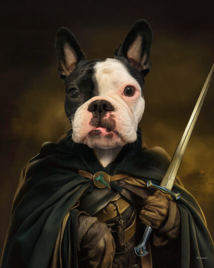 A Boston Terrier in medieval armor and a green cloak holds a sword against a dark background—perfect for "The Aragorn - Custom Pet Canvas" and canvas printing.