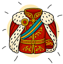 Illustration of a royal red coat with gold embroidery, a blue sash, and a white fur-trimmed cape, resembling a traditional king’s ceremonial outfit. This pet canvas design features the majestic attire headless against a light background.