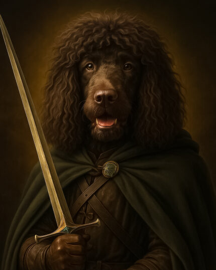A curly dark-furred dog dressed in medieval attire, including a green cloak and leather gloves, holds a large sword upright. "The Aragorn - Custom Pet Canvas" is ideal for custom pet portraits or premium canvas printing.