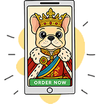 Illustration of a dog dressed as a royal king, wearing a crown and red robe, shown on a smartphone screen with a green Order Now button below. Yellow accents and lines surround the phone.
