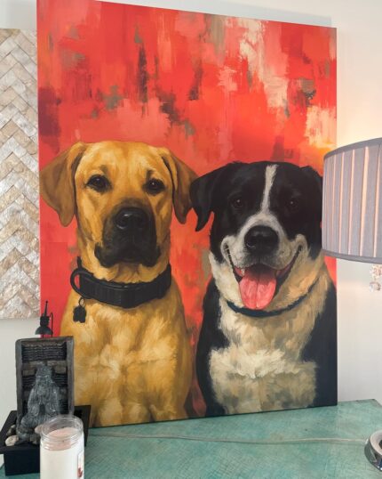 The Custom Design Abstract Pet Portrait features two dogs—a yellow one with a black collar and a black-and-white one with its tongue out—on turquoise, surrounded by a lamp, candle, and statue against an orange-red background.