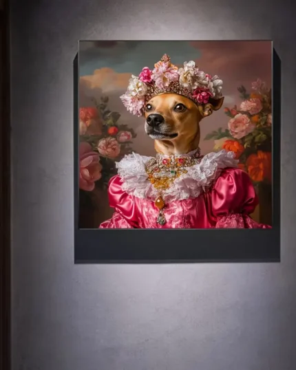 Çiçek taçlı ve pembe elbise giymiş kraliyet düşesi olarak köpek portresi.