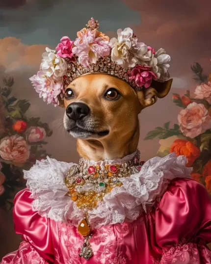 Dog in royal attire with floral crown and jewelry.