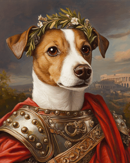 Dog pet portrait with Roman armor, red cape, and laurel wreath, inspired by classical art, historical Roman theme.