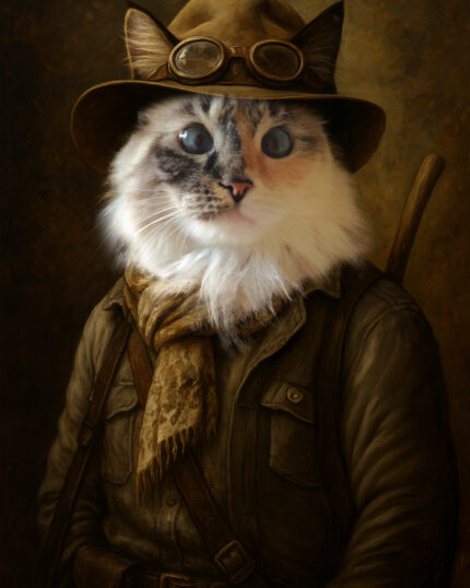 Adventurous cat wearing a ranger outfit with a hat, goggles, and a staff, in a whimsical, artistic portrait.