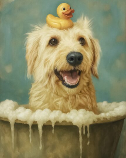 Playful pet canvas with fluffy dog and rubber duck, cute pet artwork for home decor.