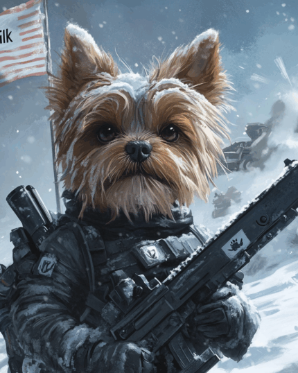 A Yorkshire Terrier in military gear stands in a snowy battlefield, holding a large weapon as a "Milk" flag waves behind. The winter pet soldier– Custom Design Pet Canvas is perfect for unique or personalized canvas printing.