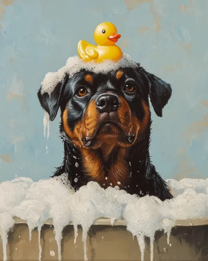 Cute dog with rubber duck on head in bath, soap bubbles, pet grooming illustration.