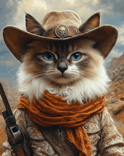 A fluffy blue-eyed cat wears a cowboy hat, orange scarf, and patterned shirt while holding a rifle in a desert—perfect for "The Indiana Jones – Custom Design Pet Canvas" to showcase your adventurous companion.
