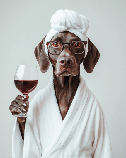 Gözlük ve havlu takmış, elinde bir kadeh şarap tutan bir köpeğin portresi, mizahi bir evcil hayvan sanat eseri.