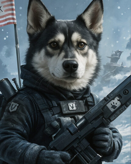 Taktik teçhizat giyen, silah tutan köpek, vatansever arka plan, Amerikan bayrağı.