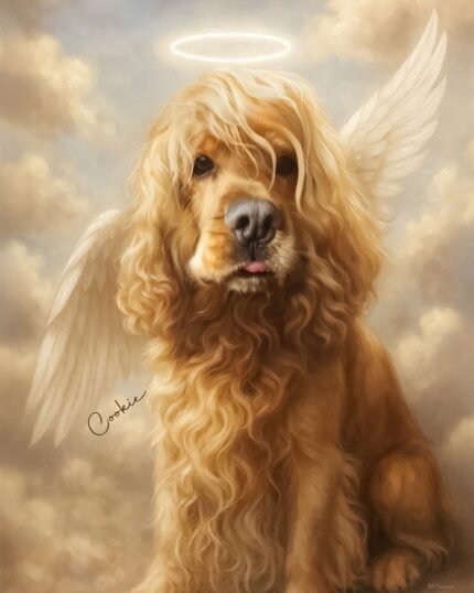 Dog with angel wings, halo, and fluffy fur, adorable pet canvas art.