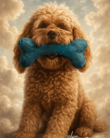 Cute fluffy dog holding blue bone plush toy, pet wall decor, dog lover gift idea.