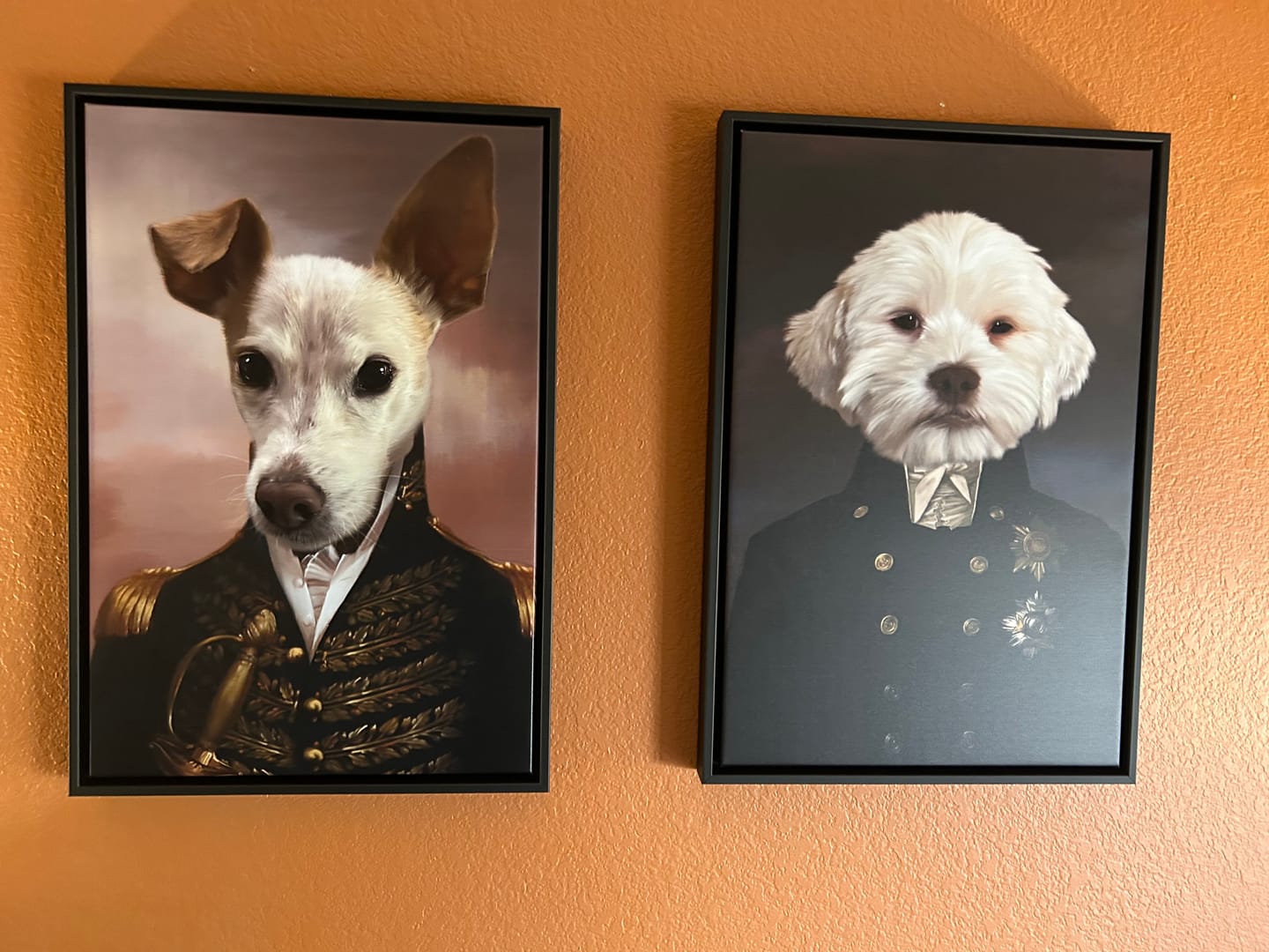 Askeri subaylar gibi sevimli köpek portreleri, özel evcil hayvan tuval sanat eserleri, evcil hayvan anma sanat eserleri.