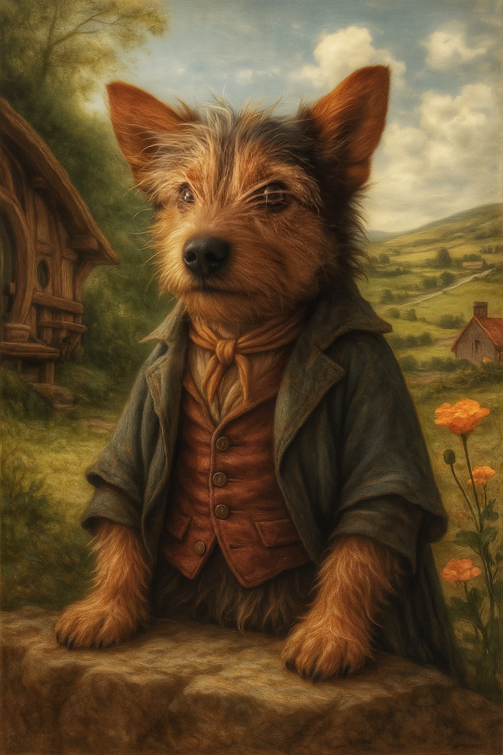 Stylish pet artwork featuring a dog dressed in vintage clothes in a scenic rural landscape.