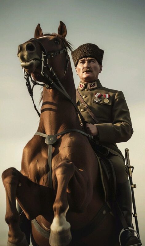 A WWII soldier in uniform riding a rearing horse, showcasing military history and artifacts.